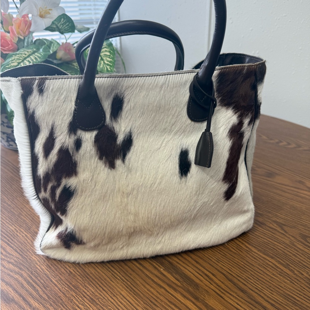 Mark & Graham Cowhide Tote in Black and White with Brown Leather Handles - Picture 2 of 5